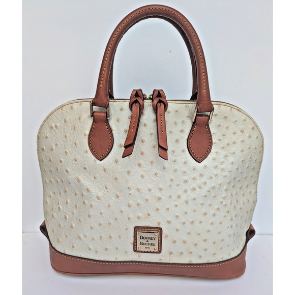 Dooney & Bourke Ostrich Bone Zip Zip Satchel Bone with Brown Ostrich Dots - Picture 1 of 9